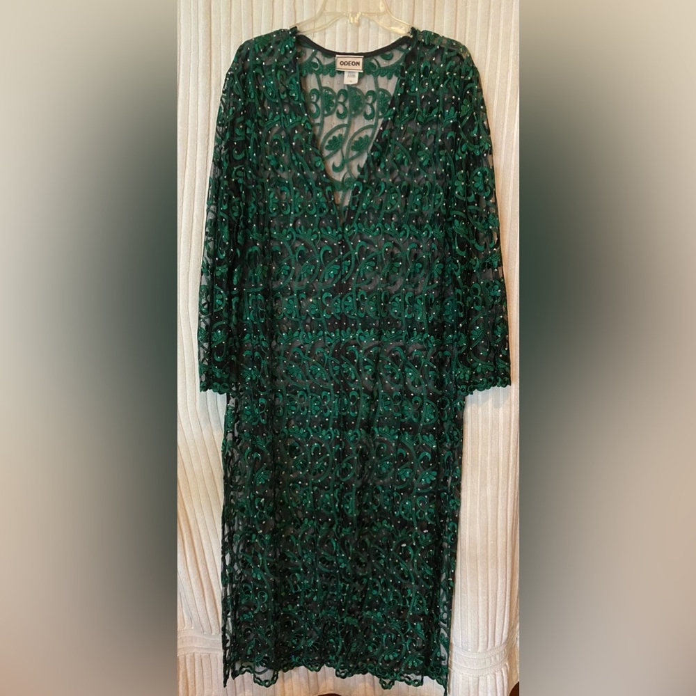 Odeon 52” Sparkly Holiday Embroidered Lace Duster Jacket